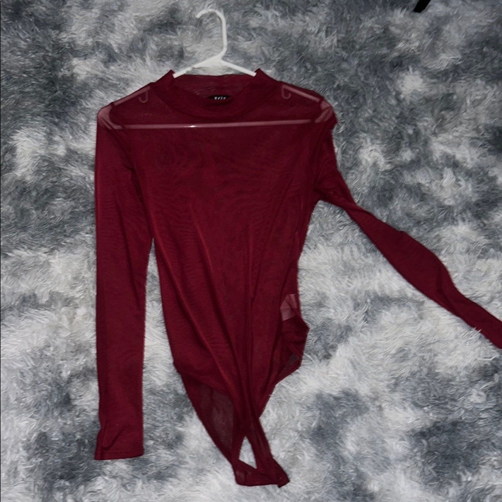 Wine Mesh Long Sleeve Bodysuit